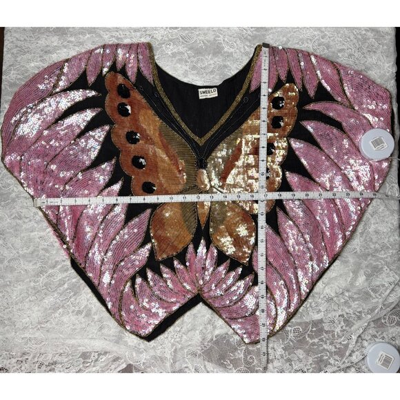 Vintage Swee Lo 70s Silk Beaded Sequin Dolman Sleeve Top (Butterfly Design) - Picture 3 of 5